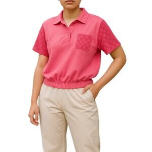 Vintage Blair Hot Pink Cotton Short Lace Sleeve Front Pocket Blouse Size Medium